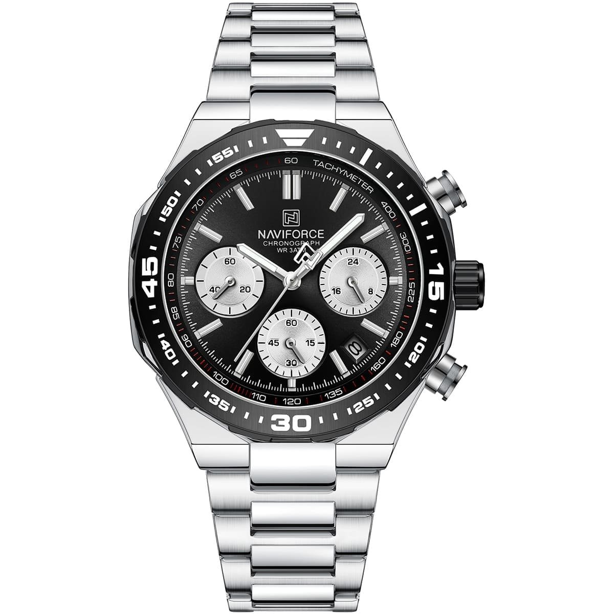 nf8049 s b s naviforce watch chronograph wr 3atm men black dial stainless steel metal silver strap quartz battery analog for dream