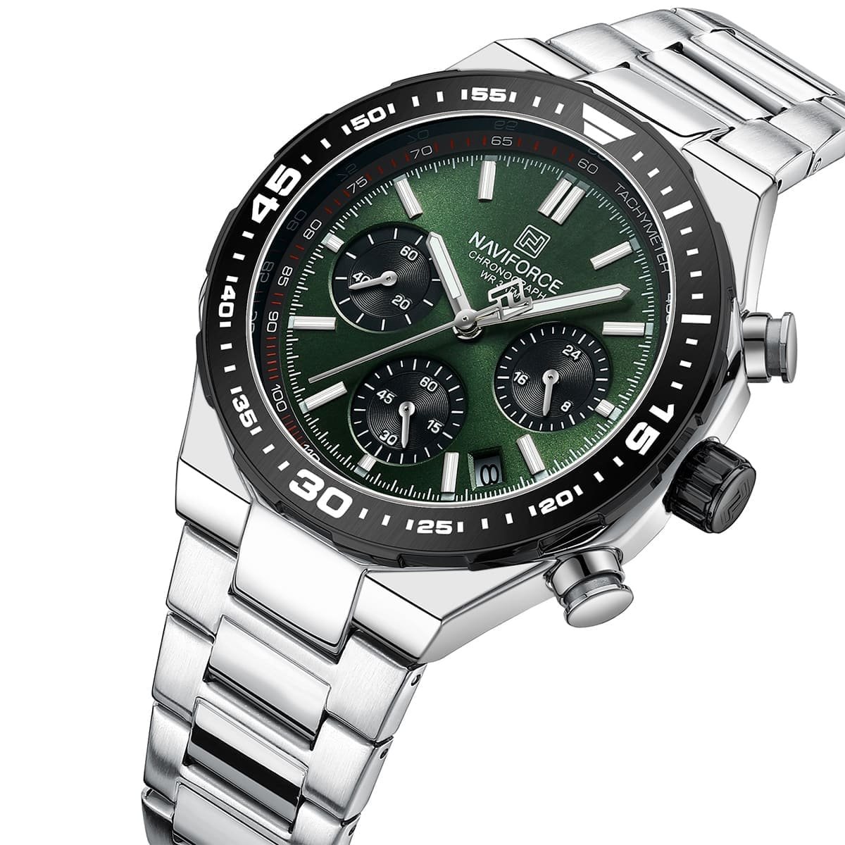 nf8049 s gn s naviforce watch chronograph wr 3atm men green dial stainless steel metal silver strap quartz battery analog for dream 2