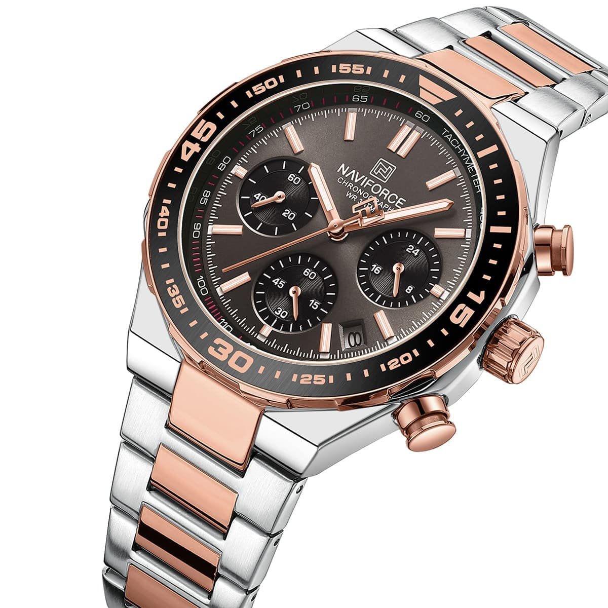 nf8049 s gy rg naviforce watch chronograph wr 3atm men gray dial stainless steel metal silver rose gold strap quartz battery analog for dream 2