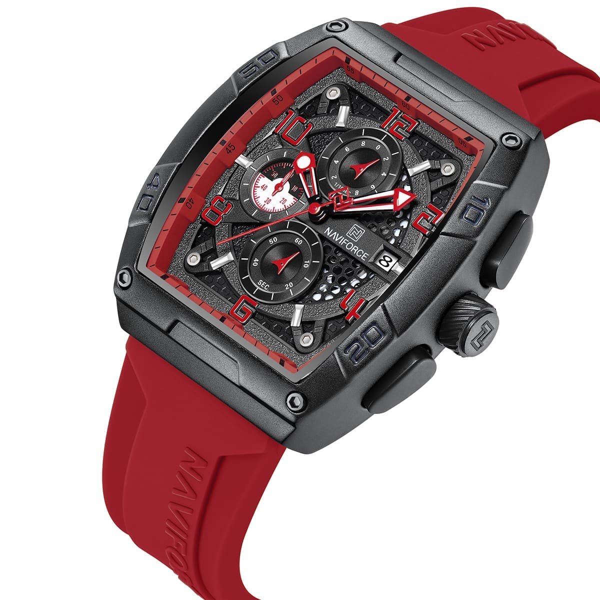nf8052 b r r naviforce watch men black dial rubber red strap quartz battery square analog chronograph for dream 2