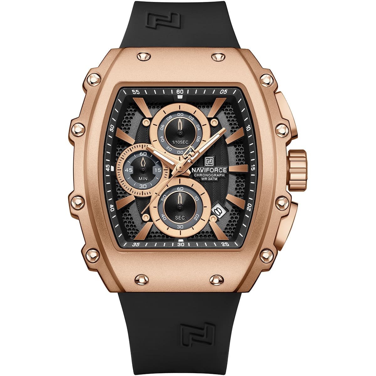 nf8070 rg b b naviforce watch chronograph wr 3atm men square black dial rubber strap quartz battery analog for dream