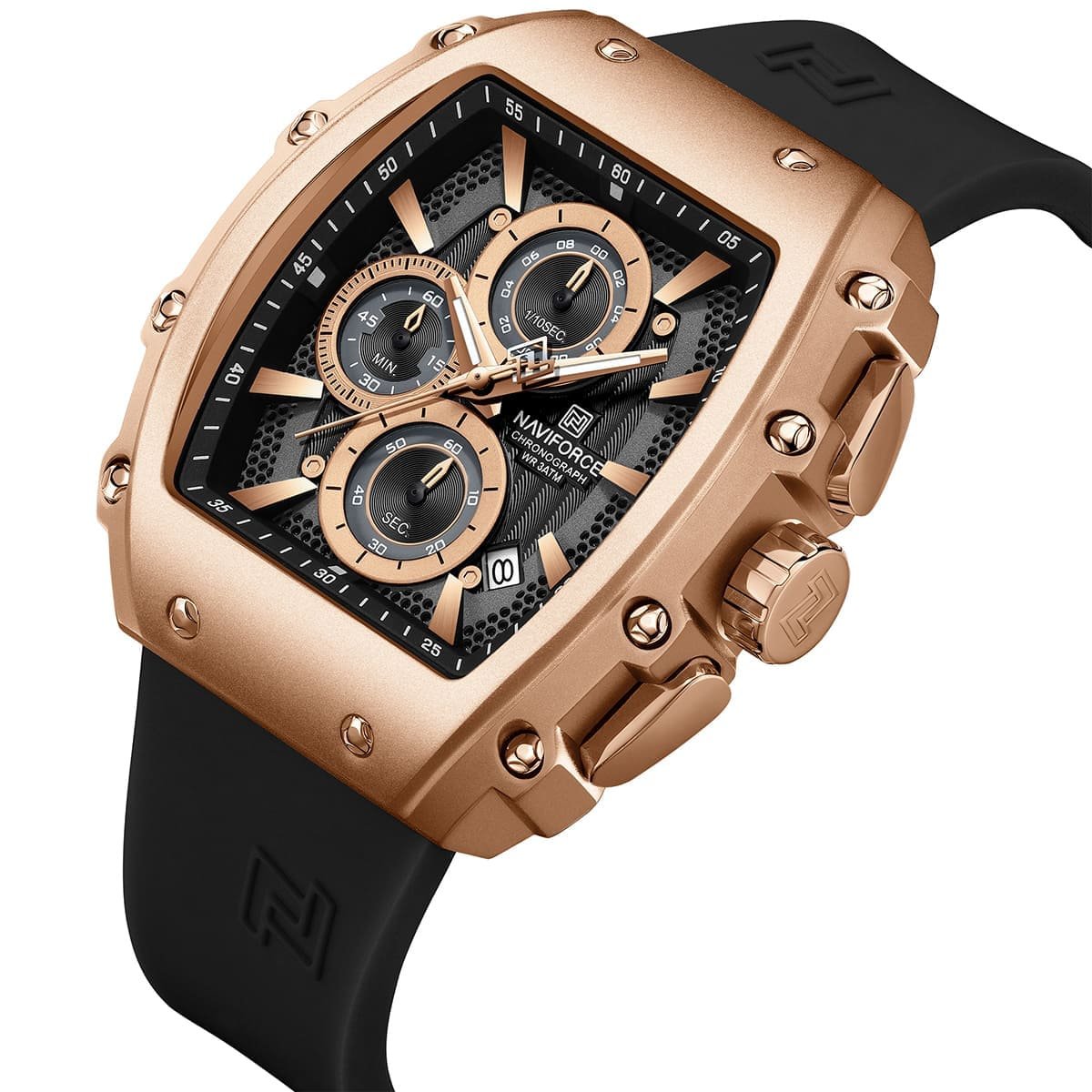 nf8070 rg b b naviforce watch chronograph wr 3atm men square black dial rubber strap quartz battery analog for dream 2