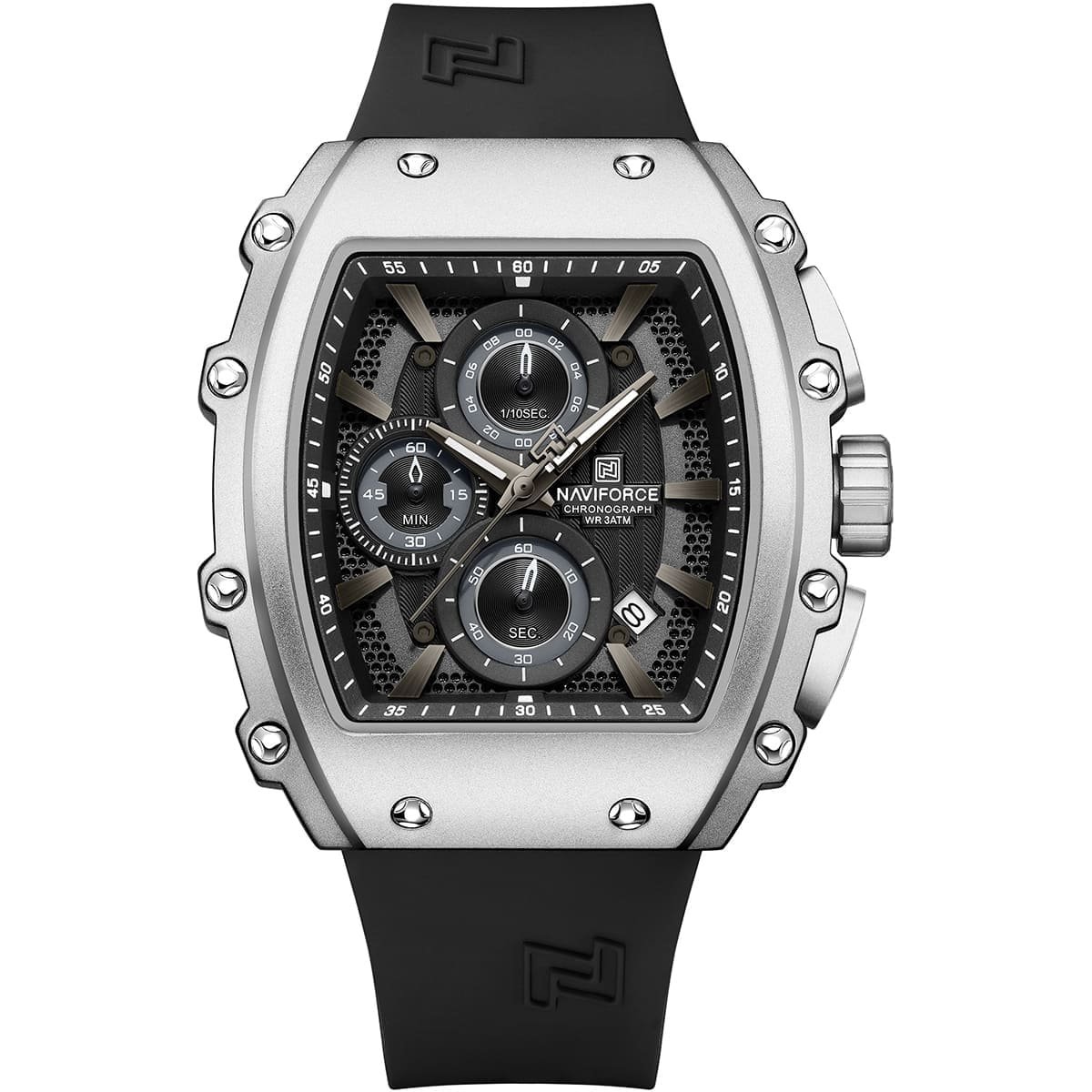 nf8070 s b b naviforce watch chronograph wr 3atm men square black dial rubber strap quartz battery analog for dream