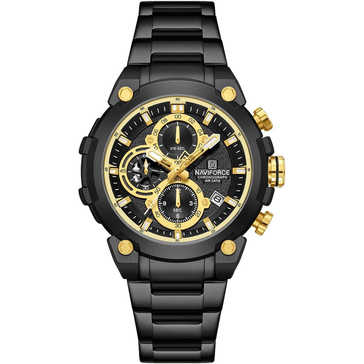 nf8071 b g b naviforce watch chronograph wr 3atm men black dial metal stainless steel strap quartz battery analog for dream