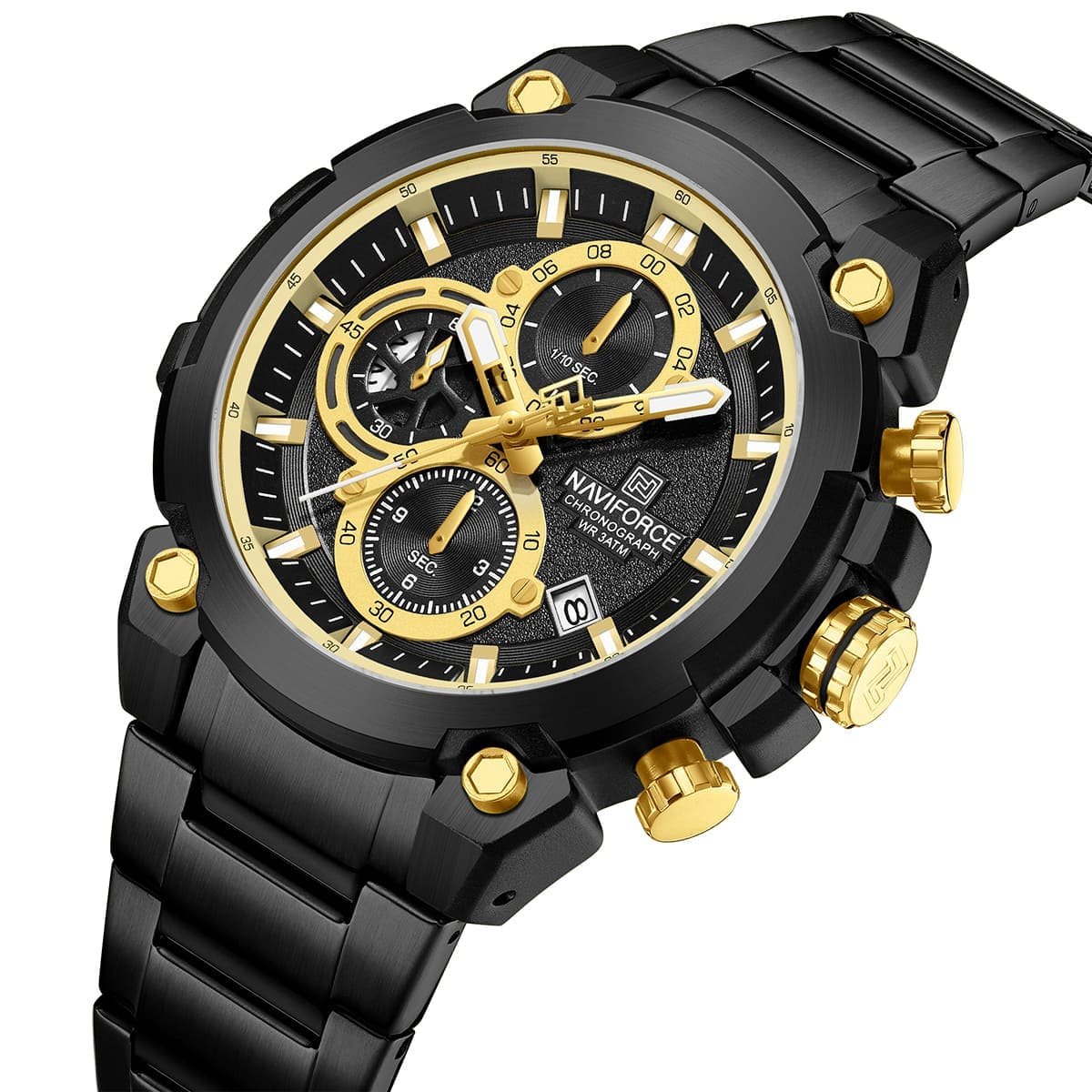 nf8071 b g b naviforce watch chronograph wr 3atm men black dial metal stainless steel strap quartz battery analog for dream 2