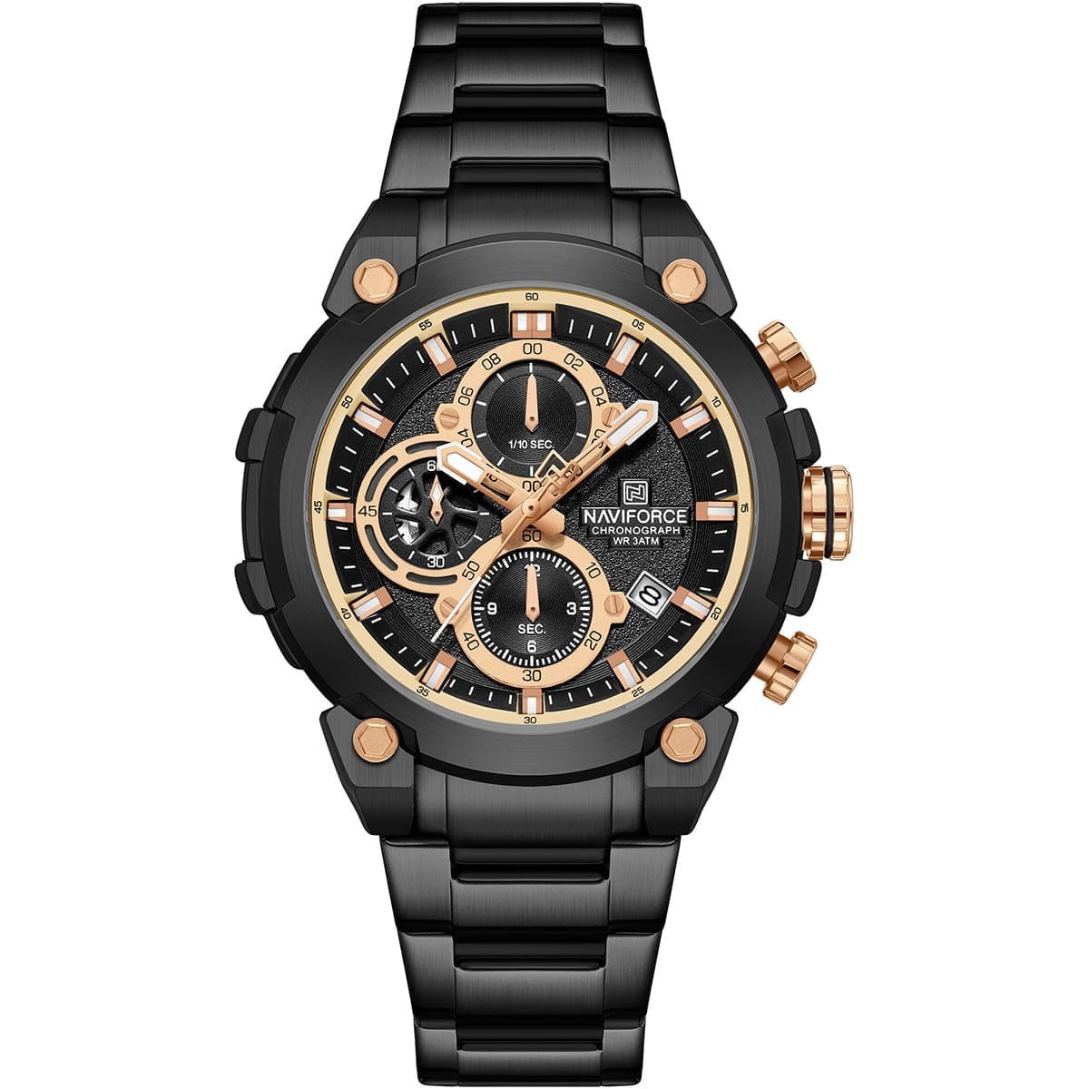 nf8071 b rg b naviforce watch chronograph wr 3atm men black dial metal stainless steel strap quartz battery analog for dream