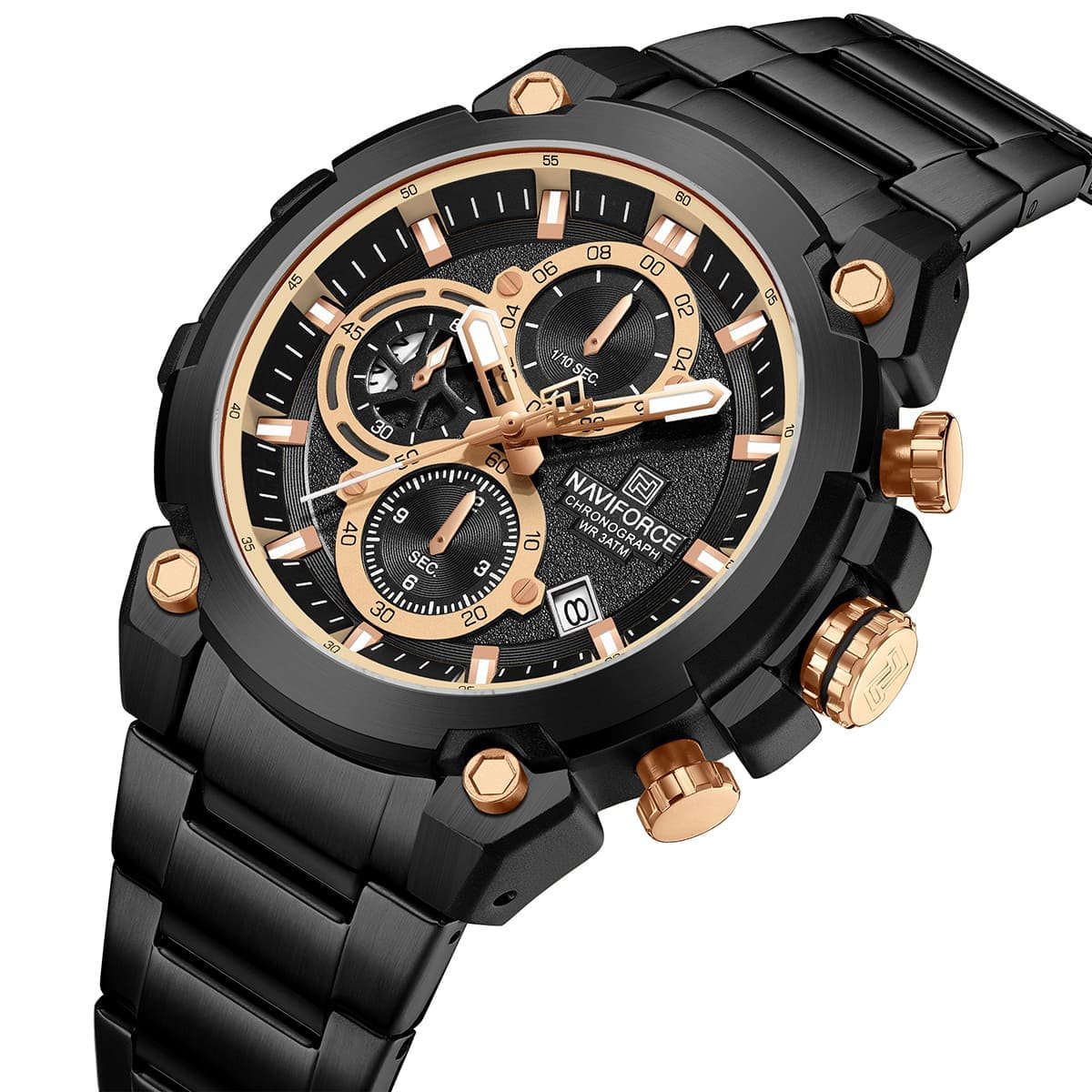 nf8071 b rg b naviforce watch chronograph wr 3atm men black dial metal stainless steel strap quartz battery analog for dream 2