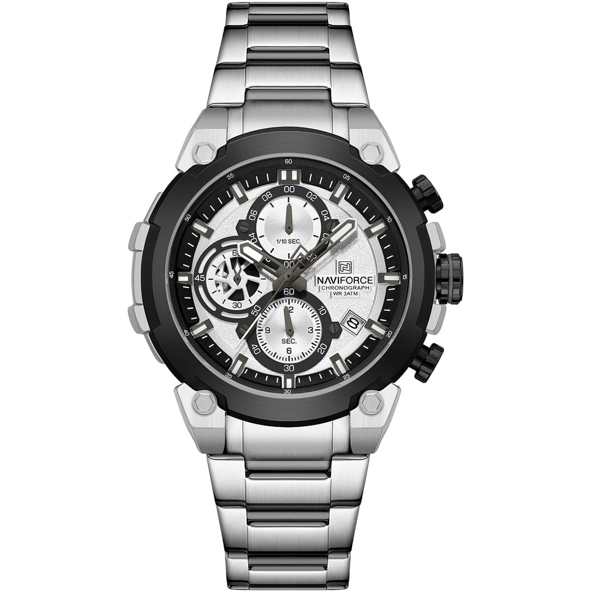 nf8071 s w s naviforce watch chronograph wr 3atm men white dial metal stainless steel silver strap quartz battery analog for dream