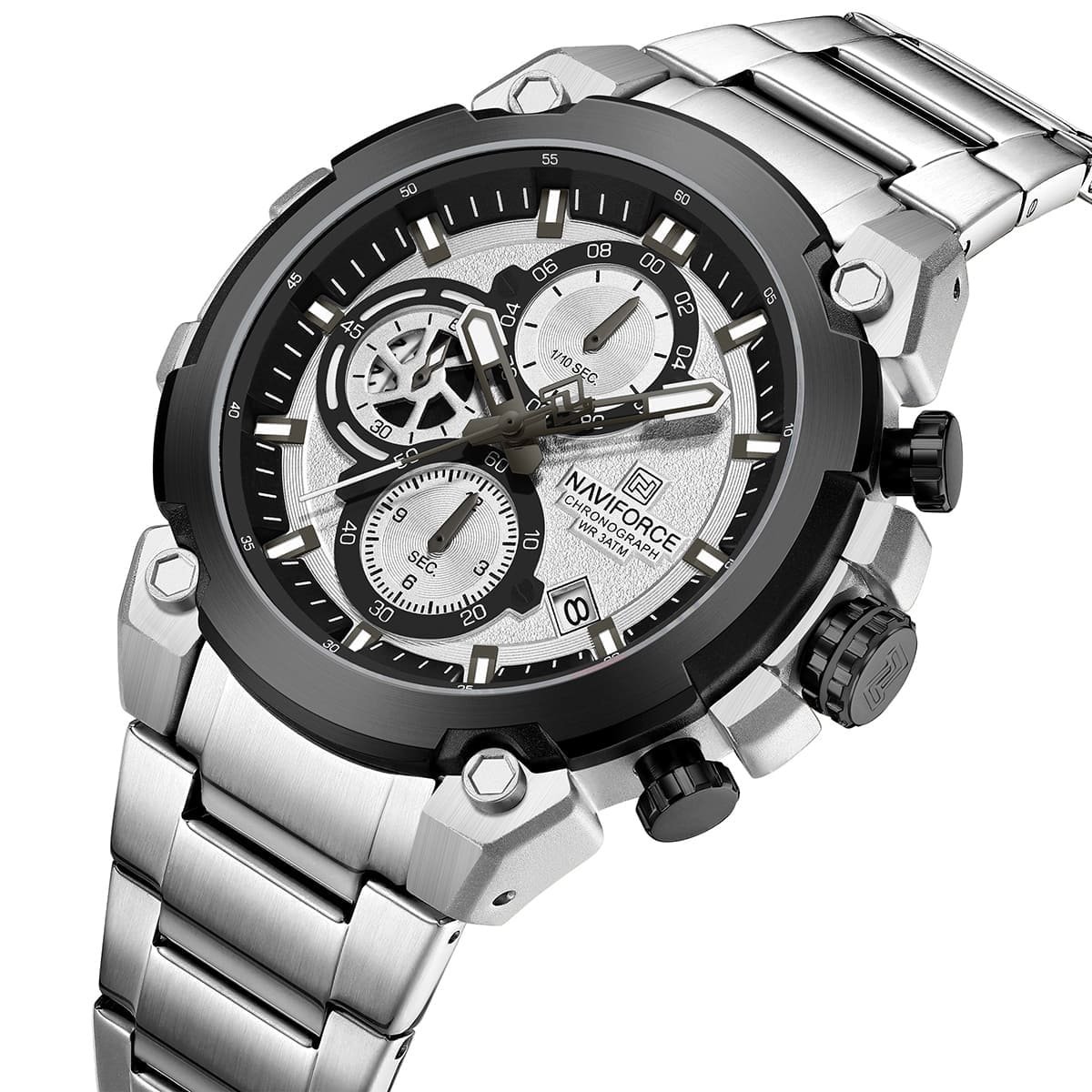 nf8071 s w s naviforce watch chronograph wr 3atm men white dial metal stainless steel silver strap quartz battery analog for dream 2