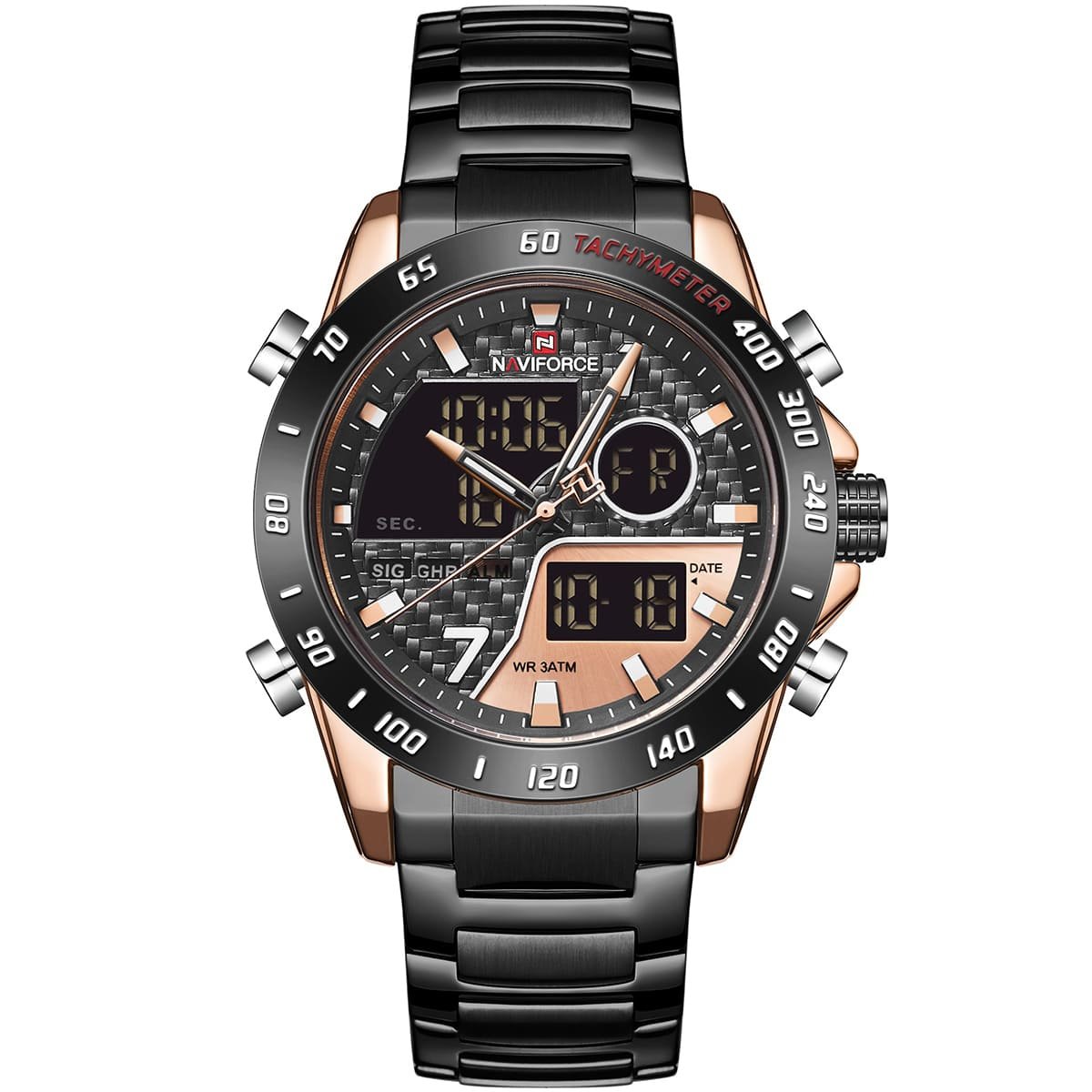 nf9171 rg rg b naviforce watch men black dial metal strap quartz battery digital analog chronograph wr 3atm for dream
