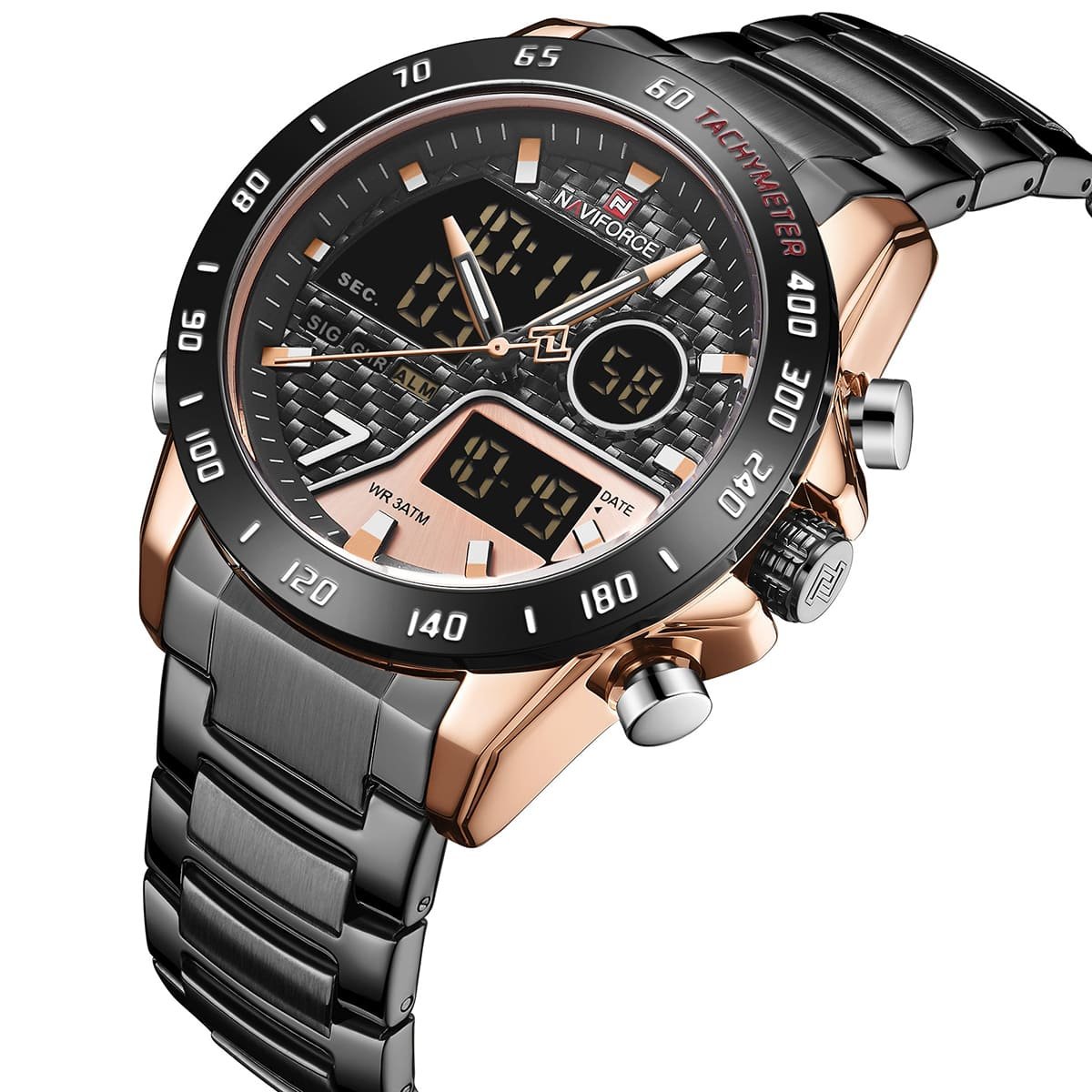 nf9171 rg rg b naviforce watch men black dial metal strap quartz battery digital analog chronograph wr 3atm for dream 2