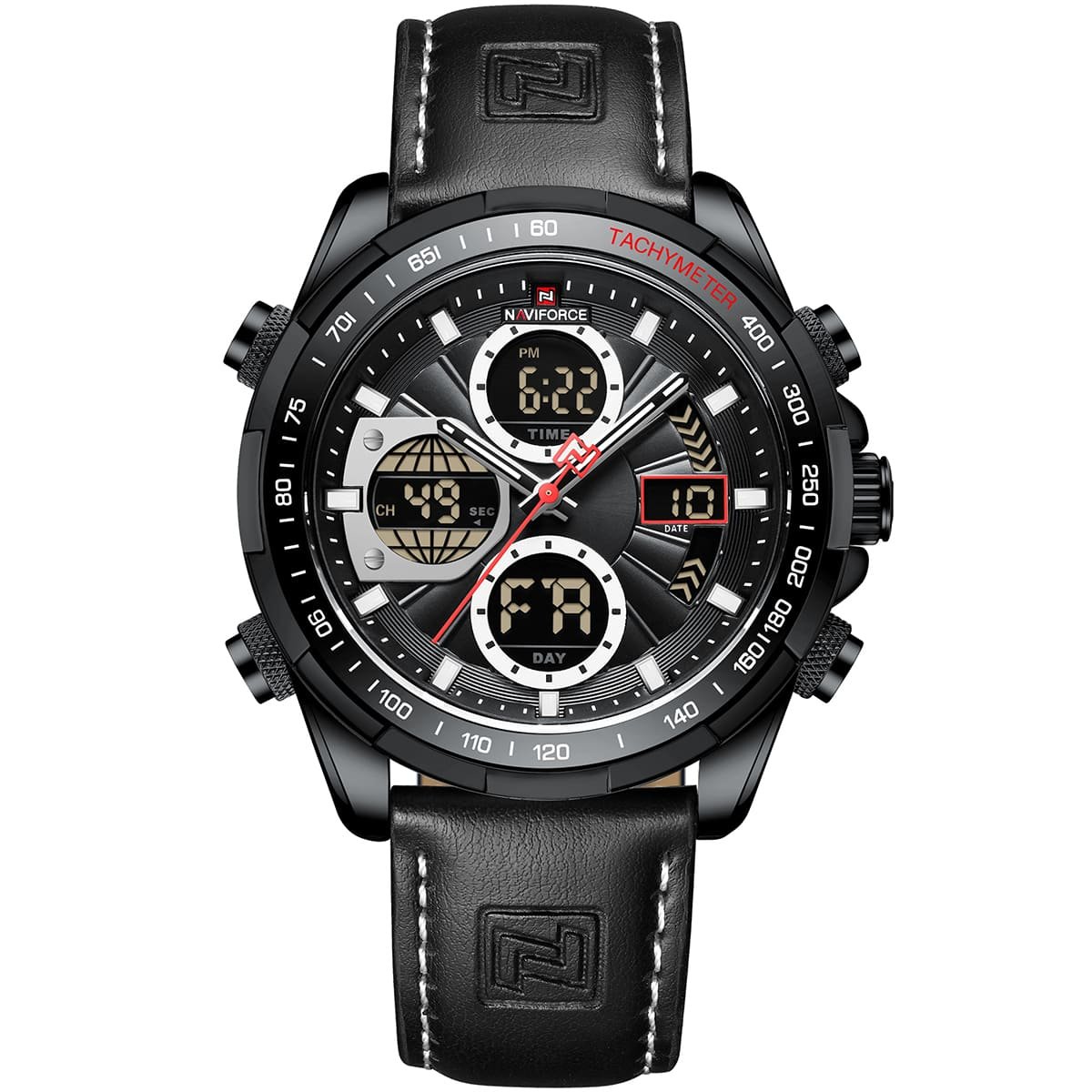 nf9197l b w b naviforce watch men black dial leather strap quartz battery digital analog chronograph for dream