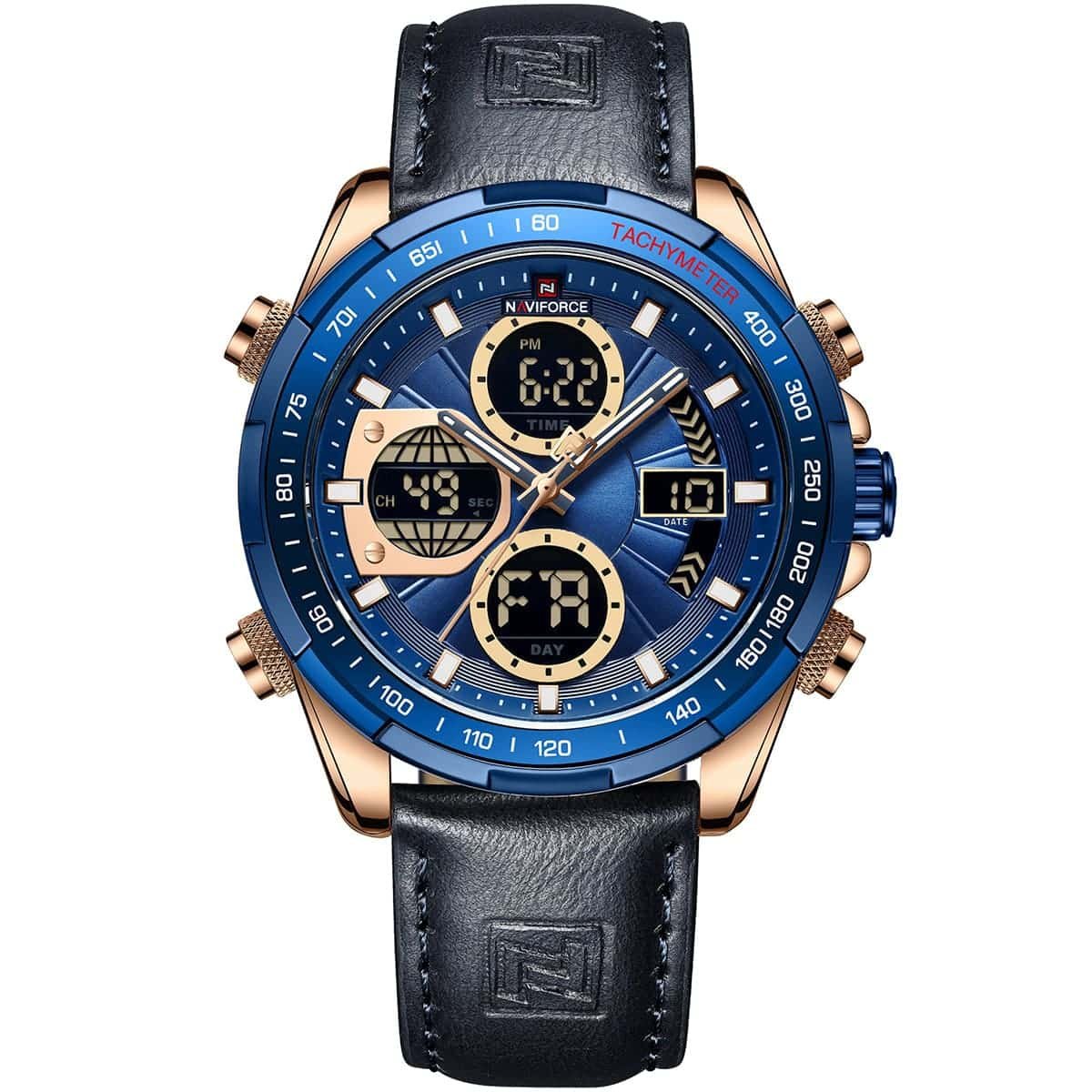 nf9197l rg be be naviforce watch men blue dial leather strap quartz battery digital analog chronograph for dream