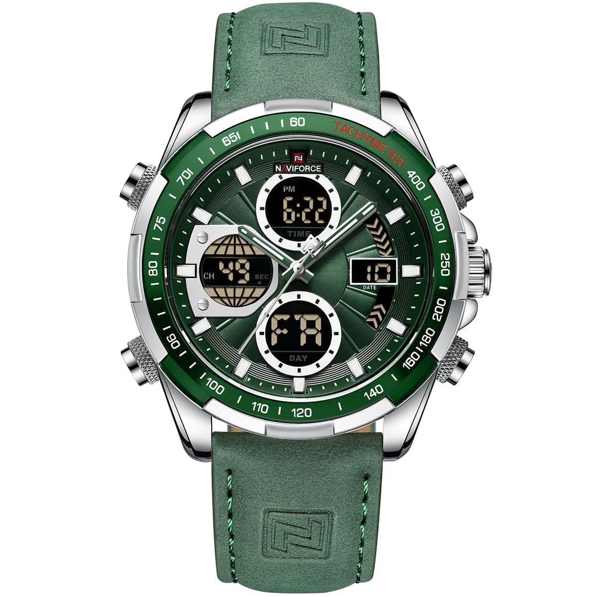 nf9197l s gn gn naviforce watch men green dial leather green strap quartz battery digital analog chronograph for dream