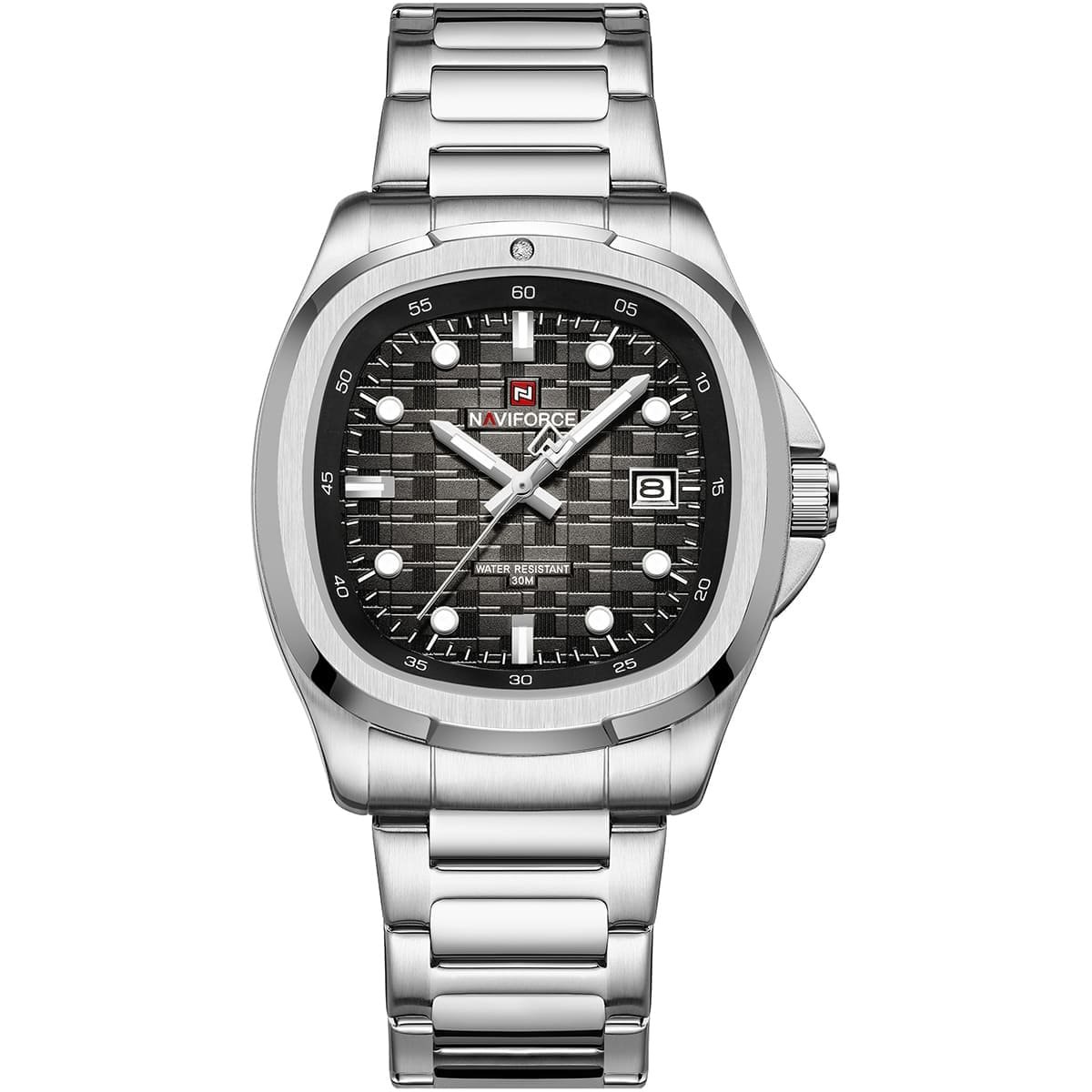 nf9240 s b s naviforce watch water resistant 30m men square black dial metal stainless steel silver strap quartz battery analog three hand for dream
