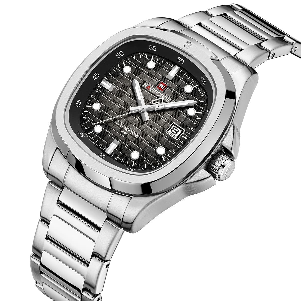nf9240 s b s naviforce watch water resistant 30m men square black dial metal stainless steel silver strap quartz battery analog three hand for dream 2