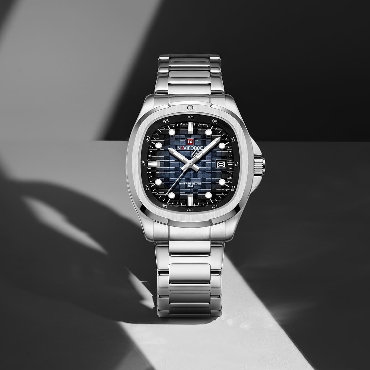 nf9240 s be s naviforce watch water resistant 30m men square blue dial metal stainless steel silver strap quartz battery analog three hand for dream 3