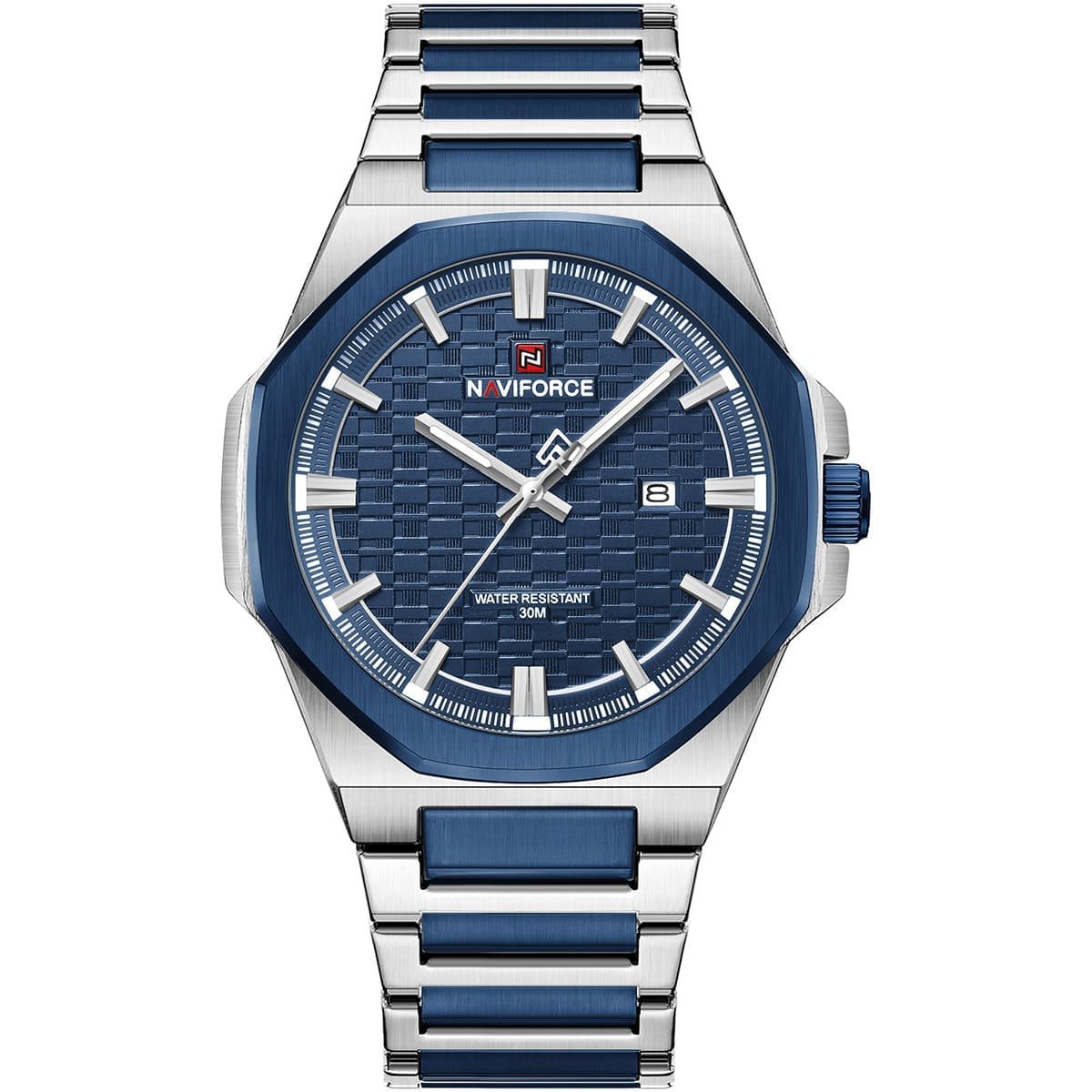 nf9245 s be be naviforce watch water resistant 30m men two tone blue dial metal stainless steel silver strap quartz battery analog three hand for dream 1