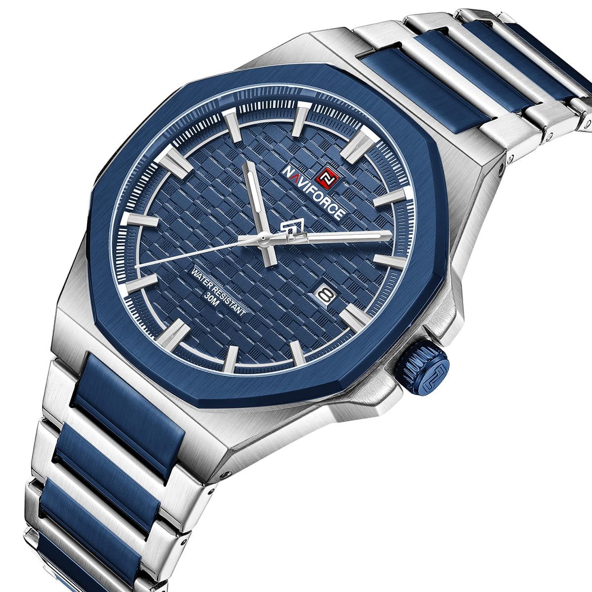 nf9245 s be be naviforce watch water resistant 30m men two tone blue dial metal stainless steel silver strap quartz battery analog three hand for dream 2 1