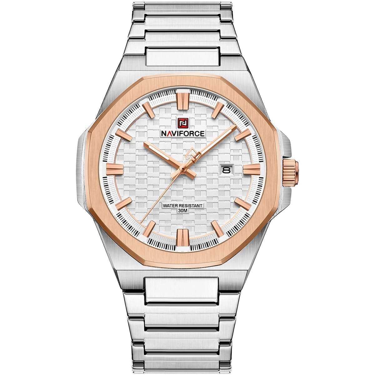 nf9245 s w rg naviforce watch water resistant 30m men white dial metal stainless steel silver strap quartz battery analog three hand for dream