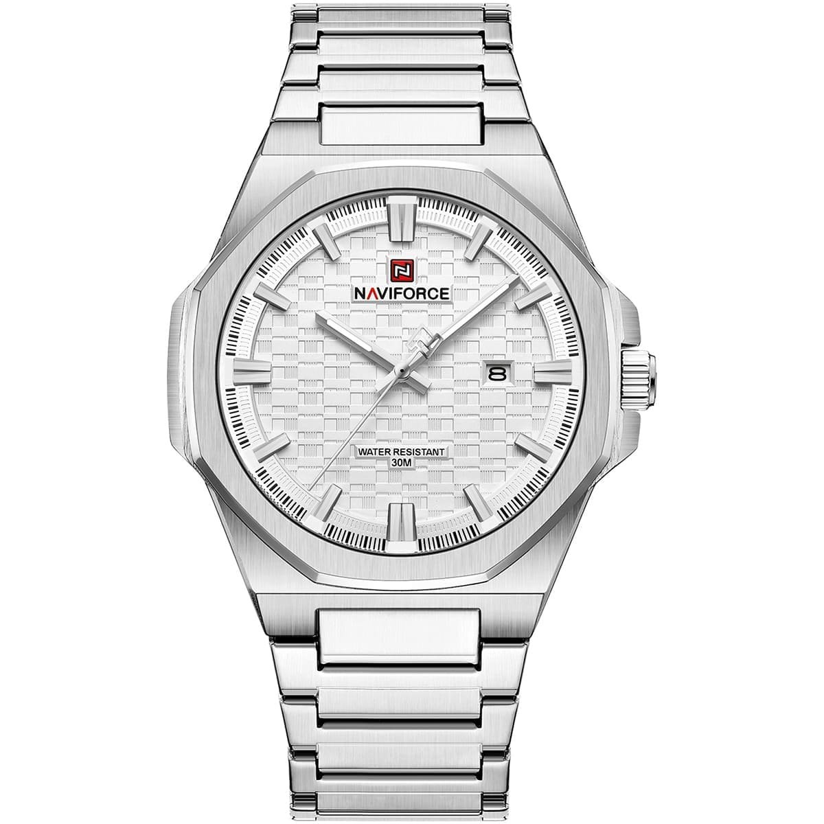 nf9245 s w s naviforce watch water resistant 30m men white dial metal stainless steel silver strap quartz battery analog three hand for dream 1