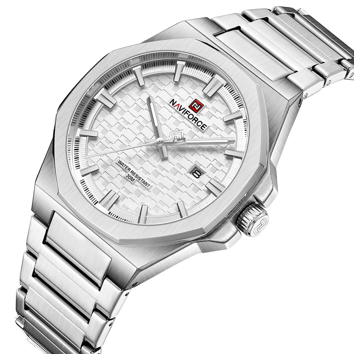 nf9245 s w s naviforce watch water resistant 30m men white dial metal stainless steel silver strap quartz battery analog three hand for dream 2 1