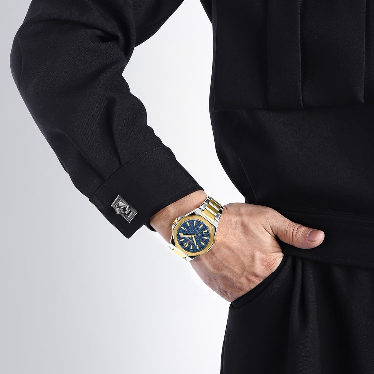 nf9258 g be g naviforce watch water resistant 30m men two tone blue dial metal stainless steel silver gold strap quartz battery analog three hand for dream 6