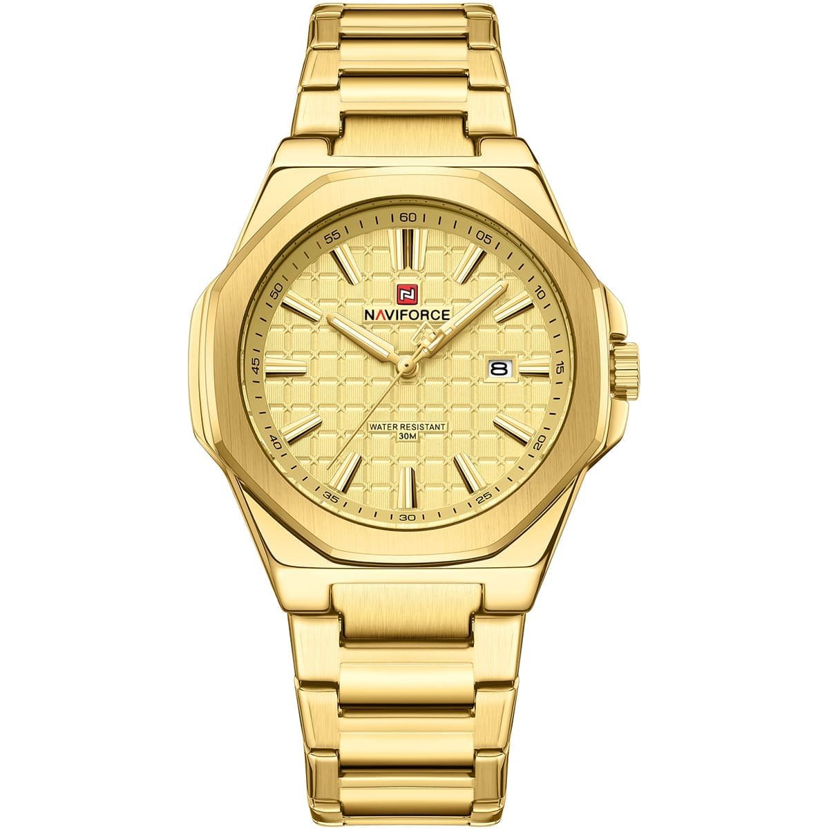 nf9258 g g g naviforce watch water resistant 30m men gold dial metal stainless steel golden strap quartz battery analog three hand for dream