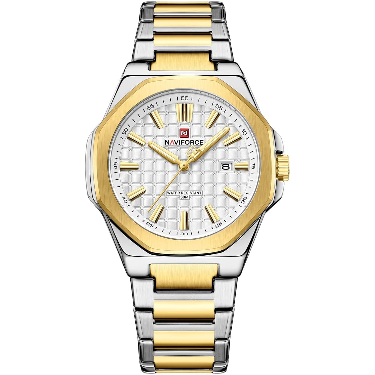 nf9258 g w g naviforce watch water resistant 30m men two tone white dial metal stainless steel silver gold strap quartz battery analog three hand for dream