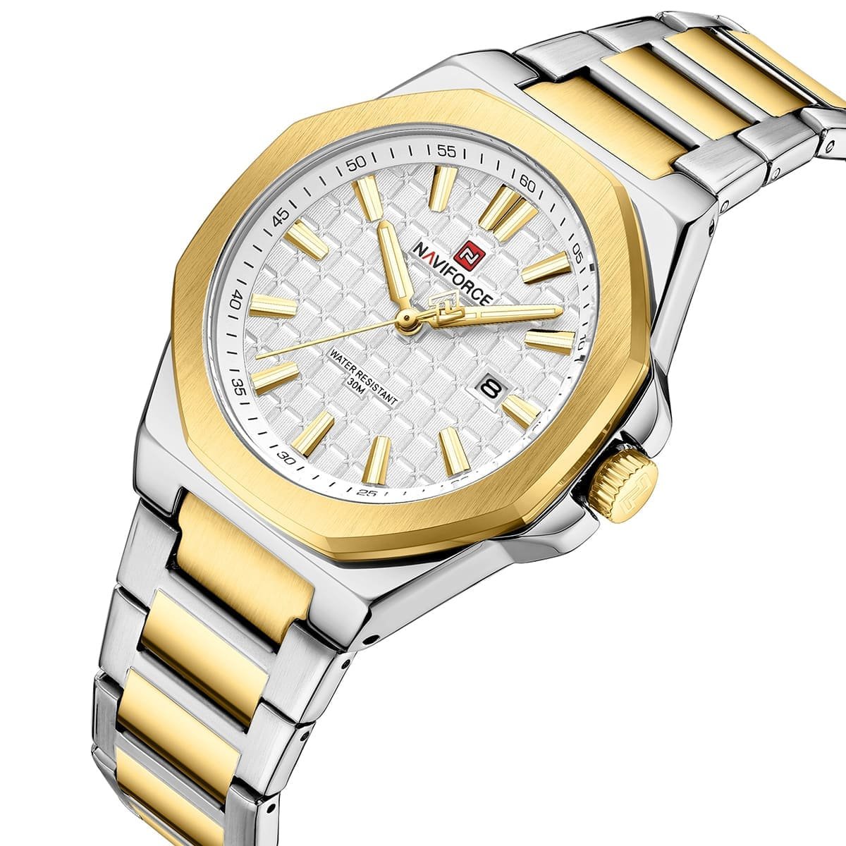 nf9258 g w g naviforce watch water resistant 30m men two tone white dial metal stainless steel silver gold strap quartz battery analog three hand for dream 2