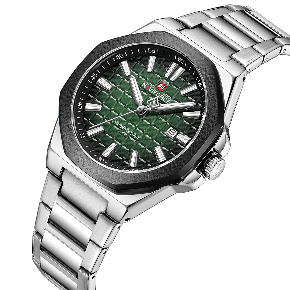 nf9258 s gn s naviforce watch water resistant 30m men green dial metal stainless steel silver strap quartz battery analog three hand for dream 2