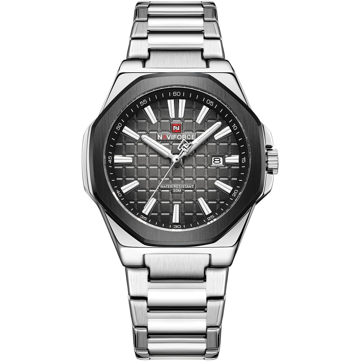 nf9258 s gy s naviforce watch water resistant 30m men gray dial metal stainless steel silver strap quartz battery analog three hand for dream