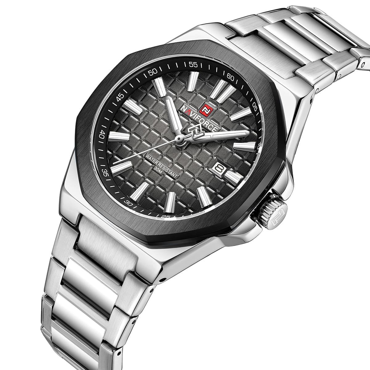 nf9258 s gy s naviforce watch water resistant 30m men gray dial metal stainless steel silver strap quartz battery analog three hand for dream 2