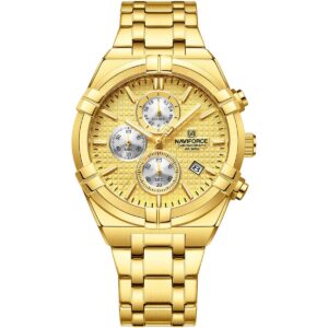 nf8042 g g g naviforce watch chronograph wr 3atm men gold dial stainless steel metal golden strap quartz battery analog for dream 1
