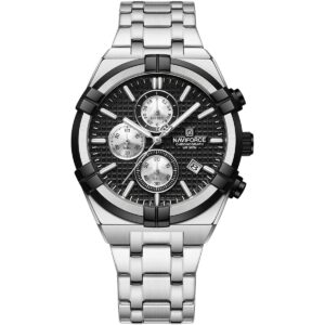 nf8042 s b s naviforce watch chronograph wr 3atm men black dial stainless steel metal silver strap quartz battery analog for dream
