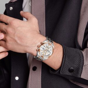 nf8042 s w rg naviforce watch chronograph wr 3atm men white dial stainless steel metal silver rose gold strap quartz battery analog for dream 8