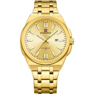 nf9226 g g g naviforce watch water resistant 30m men gold dial stainless steel metal golden strap quartz battery analog three hand for dream
