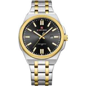 nf9226 s b g naviforce watch water resistant 30m men black dial stainless steel metal silver gold strap quartz battery analog three hand for dream