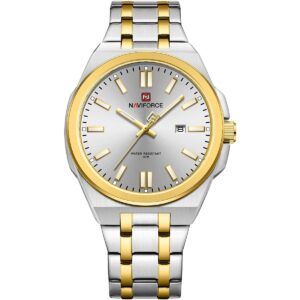nf9226 s w g naviforce watch water resistant 30m men white dial stainless steel metal silver gold strap quartz battery analog three hand for dream