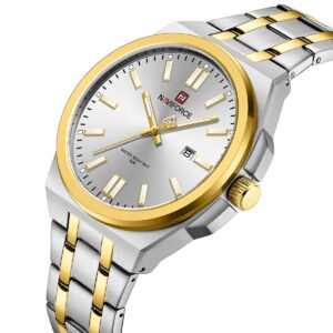 nf9226 s w g naviforce watch water resistant 30m men white dial stainless steel metal silver gold strap quartz battery analog three hand for dream 2
