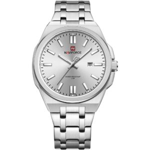 nf9226 s w s naviforce watch water resistant 30m men white dial stainless steel metal silver strap quartz battery analog three hand for dream