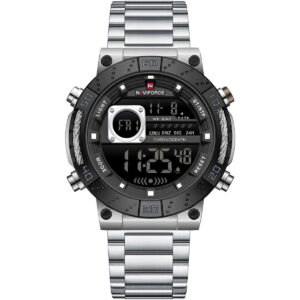nf9241s s b s naviforce watch wr 3atm chronograph men black dial metal stainless steel silver strap quartz battery digital for dream